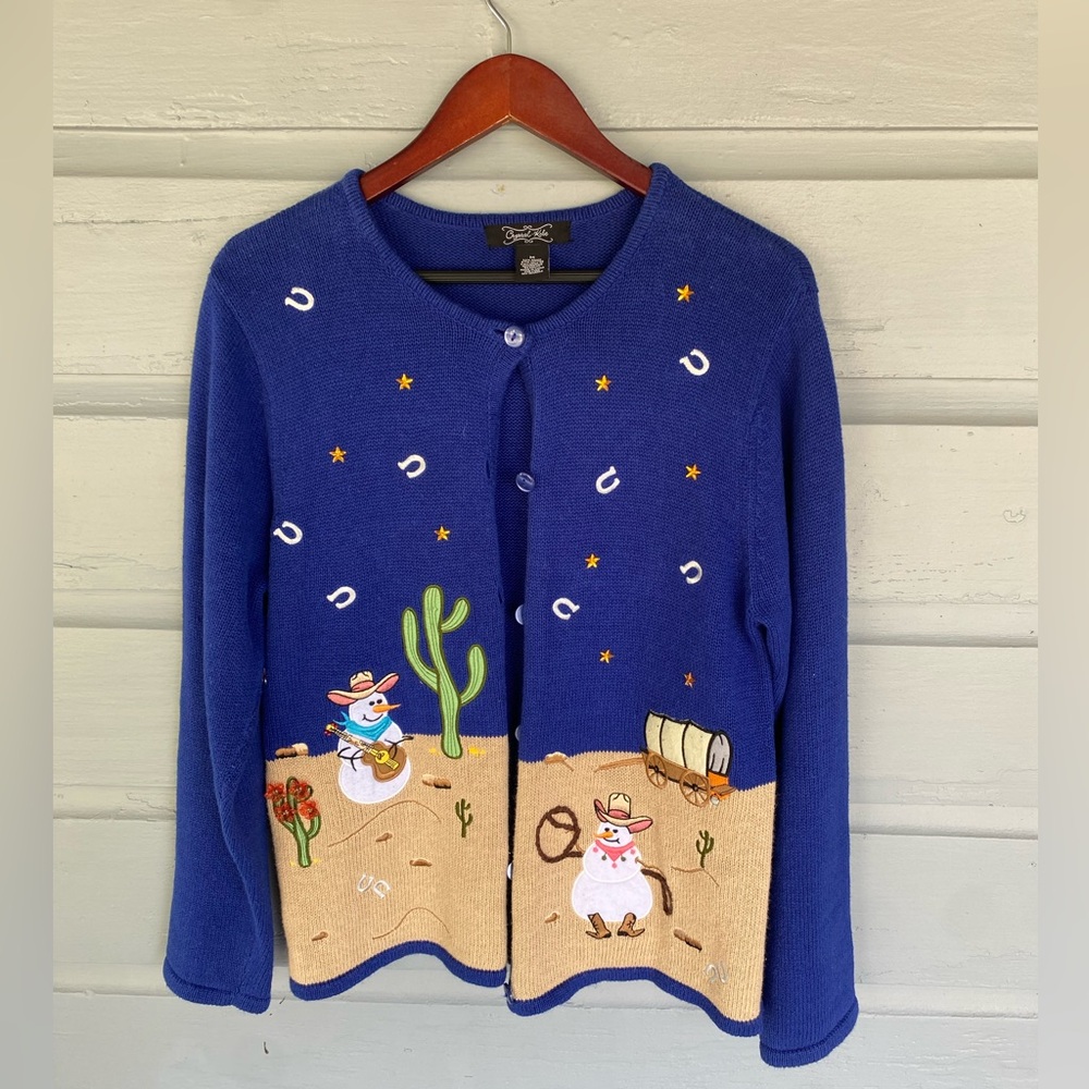 Vintage Crystal Kobe Embellished Snowman Western Scene Cardigan Sweater Sz M